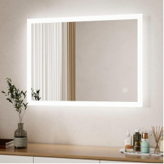 Boromal LED vannas istabas spogulis ar apgaismojumu, 50 x 70 cm vannas istabas spogulis, 3 gaismas krāsas, aptumšojams, 3000-6500 K, vēss balts, neitrāls, silts, balts LED sienas spogulis, spogulis, LED spogulis, ar skārienjutīgu slēdzi