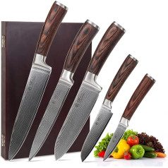 Wakoli Edib profesionālie damaskas naži, 5 nažu komplekts, augstas kvalitātes damaskas naži, japāņu tērauds VG-10, 5 santoku naži, virtuves naži ar smalkiem koka rokturiem