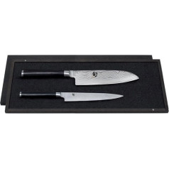 KAI Shun Classic japanisches Kochmesser 2er Set - Santoku 18 cm Klingenlänge + Allzweckmesser 15 cm Klingenlänge - Damastmesser 32 Lagen VG MAX Kern - 61 (±1) HRC - Pakkaholzgriff - Küchenmesser Set