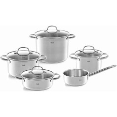 Fissler San Francisco 5 gabalu nerūsējošā tērauda pannu komplekts ar stikla vākiem visām indukcijas plītīm (3 pannas, 1 panna sautēšanai, 1 panna bez vāka)