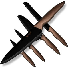 Hecef virtuves nažu komplekts, nerūsējošais tērauds, nelīpošs, melns pārklājums, ietver 20,3 cm virtuves nazi, 20,3 cm maizes nazi, 17,8 cm Santoku nazi, 12,7 cm universālo nazi un 8,9 cm mizošanas nazi