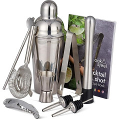 Oak & Steel 10-Teiliges Komplettes Professionelles Cocktail Shaker Geschenkset aus Edelstahl mit Cocktail & Shot Rezeptbuch - Barzubehör Cocktailmixer Set