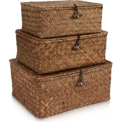 HUALIANG Rattan Storage Basket with Lid, 3 Pieces Natural Seagrass Braided Shelf Baskets, Multifunctional Storage Box for Toys, Cosmetics, Bathroom, Toilet Paper Storage