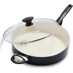 GreenPan Rio Healthy neslīpo keramikas panna 30 cm/4,8 litri ar vāku, nesatur PFAS, ar rokturi atdzesēšanai, cepšanai cepeškrāsnī līdz 160 °C, mazgājama trauku mazgājamā mašīnā, melnā un krēmkrāsas krāsā, nav piemērota indukcijai