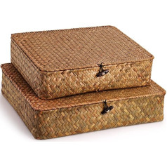 Elsjoy 2 Pack Seagrass Baskets with Lids, Wicker Storage Baskets, Flat Rattan Storage Containers, Woven Organizer Baskets for Shelf, Closet, Bedroom