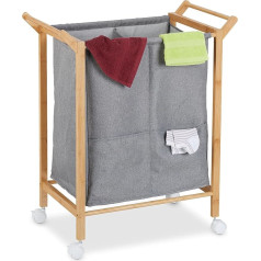 Relaxdays Laundry Basket, 2 Compartments, 80 L, Laundry Hamper on Wheels, Bamboo & Fabric, H x W x D: 76 x 65 x 35 cm, Natural/Grey