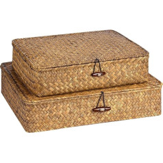 FIAFPEG Set of 2 Flat Woven Wicker Baskets with Lid, Natural Seagrass Basket Boxes, Multipurpose Organiser, Boxes for Shelf Organizer