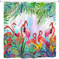 goodbath Duschvorhang Flamingo, Flamingos mit tropischem Blätter- und Blumenmuster Wasserdichter und schimmelabweisender Stoff Duschvorhang, 180 x 180cm, rozā zaļš