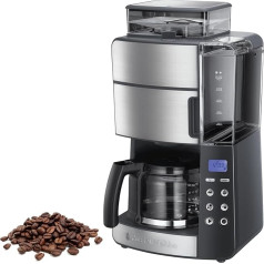 Russell Hobbs Grind & Brew 25610-56 kafijas automāts ar dzirnaviņu, stikla krūze līdz 10 tasītēm, digitālais programmējamais taimeris, 3 līmeņu malšanas iestatījumi, 1000 W, filtrēšanas kafijas automāts kafijas pupiņu kafijai, pelēks