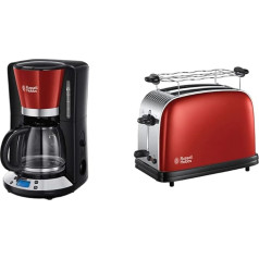 Russell Hobbs Colours+ Digital Coffee Machine, Red, Programmable Timer, 1.25 L Glass Jug, up to 10 Cups, 1100 W & Toaster Colours+ Red, 2 Extra Wide Toast Slots, 6 Adjustable Browning Levels