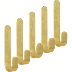 BoBoU Pack of 5 Self-Adhesive Gold Wall Hooks, Matt Brass, Wall Mounting, No Drilling, Towel Rail, Coat Hooks for Kitchen, Bathroom, Bedroom, Door, Cupboard