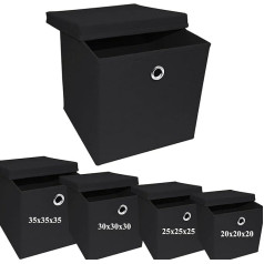 A406 3 x Foldable Storage Boxes with Lid, Storage Basket with Lid, Fabric Cube with Handles, Foldable Fabric Organiser, Clothes Storage Box (Medium - 25 x 25 x 25 cm, Black)