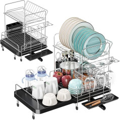 APEXCHASER Dish Drainer 2-Tier Expandable Dish Rack, Foldable Stainless Steel Dish Drainer with Removable Drink Holder, Cutlery Holder