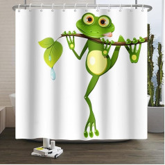 SDOTPMT 180 x 180 cm Cute Cartoon Frog dušas aizkars Little Frog on Tree Branch Green Leaves Vannas aizkars Summer Animal White Bath Curtain for Children Bathroom Polyester Waterproof with Hooks