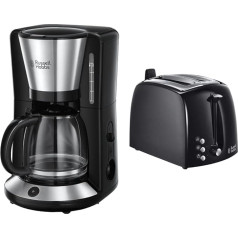 Russell Hobbs Kaffeemaschine Adventure Edelstahl, Glaskanne bis zu 10 Tassen, 1,25 л, 1100 Вт & Toaster Textures+, 2 extra breite Toastschlitze, 850 Вт, Toaster schwarz 22601-56