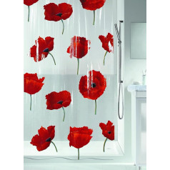 Spirella Poppy Cinnibar PEVA plastmasas caurspīdīgs dušas aizkars ar magoņu ziedu rakstu, 180 x 200 cm, sarkans