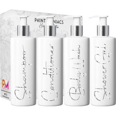 Print Maniacs White Mrs Hinch Inspired Personalised 500 ml Pump Bottles Bathroom Lotion Kitchen Set Shampoo Conditioner (Shower Gel Set, F2) (Silver)