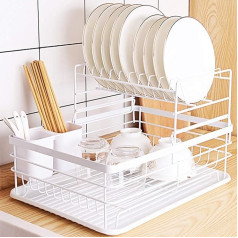 OldPAPA Dish Dryer, 2-Tier Draining Surfaces with Removable Drip Tray, Plate Dish Holder, Kitchen Organiser Accessories, Storage Rack
