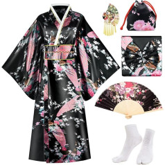 PLULON Japāņu kimono halāts Geiša Yukata kleita Peacock Blossom Satīna halāts ar aksesuāriem sievietēm