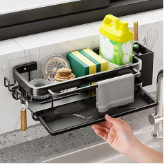 Xinwanhong Sink Organiser, Stainless Steel Sink Caddy Organiser, Sink Organiser Kitchen, Sponge Holder Organiser with Towel Holder and Drain Pan, Black