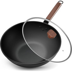 Jobin 33 cm / 5,6 L Wok panna ar vāku Oglekļa tērauda Wok panna bez ķīmiskā pārklājuma, paredzēta Āzijas ēdienu pagatavošanai 4-6 personām, uz indukcijas, elektrības, gāzes vai elektriskā režīmā