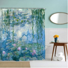 IcosaMro Lotus dušas aizkars vannas istabai ar āķiem, akvarelis Monet Ūdens lilijas zieds, dekoratīvs, garš auduma dušas aizkars, zils, 180 x 182 cm