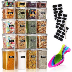 DICLLY Storage Jars Set of 20, Airtight Storage Boxes with Lid, Black Sticker and Pen, 5 Spoons Included, BPA-Free Plastic Containers for Kitchen Organiser - Ideal for Flour, Cereal, Pasta