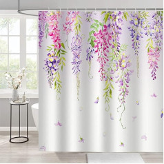 Bonhause dušas aizkars Wisteria Flowers Violeta Wisteria dušas aizkari 180 x 180 cm Anti-Mould Ūdensizturīgs poliestera auduma mazgājams vannas istabas aizkars vannas istabai ar 12 āķiem