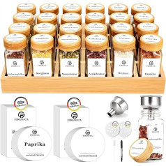 SIAZIH Spice Rack with 24 Empty Spice Jars, Kitchen Spice Organiser Made of Bamboo Wood, Spice Rack Wood with 120 Labels in German, 60 DIY Labels, Storage Shelf Spice Holder