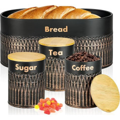 Cinnani Bread Bin Set of 4 Retro Bread Storage in Black for Bread Box Stylish Storage & Coffee Box Tea Container