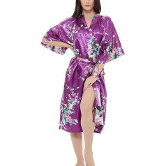 Sieviešu satīna rožu drukas kimono halāts Premium Peacock Bridesmaid Bridesmaid Dressing Gown Sleepwear Sleepwear, Peacock Flowers Purple