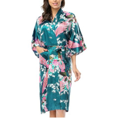 BELLOO Sieviešu halāts Japāņu ziedu apdruka Kimono halāts, satīna, Pāvu zaļš, 2XL, Pāvu zaļš