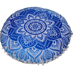 Apaļa mandala grīdas spilvenu pārvalks sēdekļa spilvenu spilvens Throw Osmaņu Pouf Cover Pom Pom Pom spilvenu pārvalki Hipiju dekoratīvie bohēmas bohēmas indiešu 22,5 collas (zils/balts)