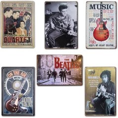 Vintage Music Signs | Cassette & Guitar | Set of 6 Signs/Metal Plates Retro Music for Wall, Bar, Studio | Size 20 x 30 cm