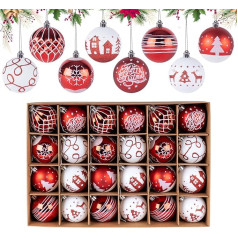 24 gabali Ziemassvētku Baubles Plastmasas komplekts Sarkans Balts Balts 6 cm Klasiskās Ziemassvētku eglītes Baubles ar piekariņu un aukliņu Ziemassvētku eglīšu rotājumi Ziemassvētku eglīšu bumbiņas Hanging Bauble Ziemassvētku kāzu svinīb