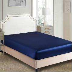 Pieguļošā loksne 180 x 200 cm Box Spring Bed Topper Satin Blue Tumši zils raksts Flat Sheet Glossy Satin Linen Silk Shining Fitted Sheet Terry Cloth Plain Fitted Sheet augstam matračam līdz 25-30 cm