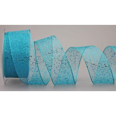 Dekoratīvā lente Glitter Turquoise 20 m x 40 mm Roll auduma lente caurspīdīga spīdīga organza ar vadu malām Eleganta Ziemassvētku Adventa Dzimšanas diena Premium Glitter lentes