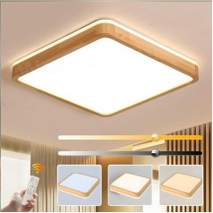 WayLuoung Wooden LED Ceiling Light, Diameter 50 cm, 3000-6000 K, 36 W, Square Top, 360° Luminous Natural Wooden Lamp, Bedroom, Living Room, Children's Room, Kitchen, Dining Room (Dimmable with Remote