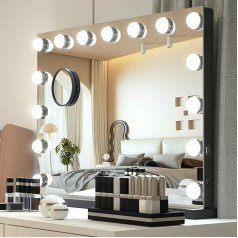 YU YUSING Hollywood Make-Up Mirror with Lighting, 15 LED Light, Dimmable Cosmetic Mirror, 3 Modes, Vanity Mirror, Table Mirror, Wall Mirror with 10x Magnification for Bedroom, Dressing Table, Black