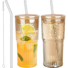 Glasbecher mit Deckel und Strohhalmen, bernsteinfarben, 590 ml, Eiswassergläser für Eissaft, Tee, Milch, Smoothie und kalte oder heiße Getränke, 2 Stück