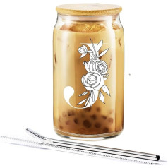 HAYOOU Glasbecher mit Initiale, monogrammiert, Geschenke für Damen und Herren, Geburtstag, Valentinstag, Muttertag, Weihnachten, 473 ml, Glasbecher mit Strohhalm-Deckel, Eiskaffeetassen J