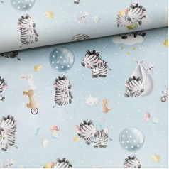 Keine Meterware, Stoffe zum Nähen, Stoff für Kinder, 95% Baumwolle: 1m Kinder French Terry Sweat Stoff mit Wildtiere - Zebra Hase Maus Bär - Zebras auf babyblau - Baby Sommersweat mit Tiere