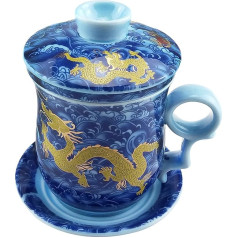 ufengke-ts Gelber Drache Chinesische Tee Tassen, Blaue Und Weiße Porzellan Handgemachte Tee Becher Mit Filter, Deckel Und Untertasse, Für Geschenk Und Haus, Büro 300Ml