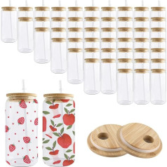 Kocdam Sublimationsglasbecher, Rohlinge mit Bambusdeckel und Strohhalmen, 50er-Set, 473 ml, wiederverwendbare Eiskaffeetasse, Bierdosen-Trinkgläser, niedlicher Becher für Smoothie, Whiskey, Boba,