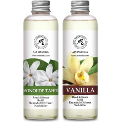 Telpu smaržu difuzora uzpildes komplekts Monoi de Tahiti & Vanilla, 400 ml, 2 x 200 ml, uzpildes komplekts smaržu difuzoram, niedru difuzora uzpildes komplekts, istabas smaržas, istabas smaržas, istabas smaržas, difuzora uzpildes, istabas gaisa uzpil