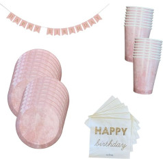 Decorami Happy Birthday Complete Set in Rose Gold, 16 cilvēki, 54 gabali, svinību galda piederumu komplekts, dzimšanas dienas dekorēšana, papīra tasītes, papīra šķīvji, vienreizlietojamās salvetes, papīra virtene, rozā zelts, rozā rozā kr