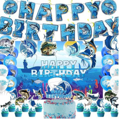 Gone Fishing Party Dekorācijas komplekts Gone Fishing Birthday Banner Hanging Swirls Cake Decorations Balloons Background for Gone Fishing Birthday Party Supplies Baby Showers Party Favors