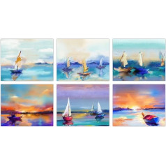 PLIGREAT Pack of 6 Sailing Boat Canvas Wall Prints, 20 x 25 cm Unframed Blue Abstract Oil Painting Poster Wall Art Decor Sunset Seaside Landscape Wall Picture for Living Room Office Decoration