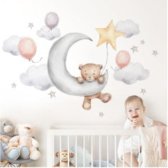 Little Deco DL829-4 Sienas uzlīme Lācis uz Mēness ar baloniem Sienas uzlīme bērnu istabai Teddy Bear Stars Sienas uzlīme bērnistabas dekorēšanai