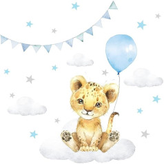 Little Deco DL686-4 Sienas uzlīme Bērnu istabas dekorēšana Boy Animals Lion Balloon Clouds Uzlīme Baby Playroom Wall Picture Pašlīmējoša zilā krāsā